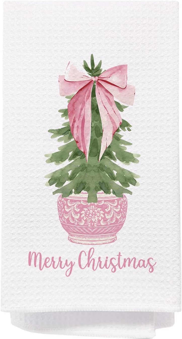 SPBL&L Pink Chinoiserie Christmas Towels, Coquette Christmas Tree Dish Towels, Grandmillennial Decor, Hand Towels for Bathroom & Kitchen, 16x24 Inches - Image 1